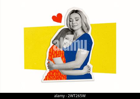 Croquis d'art de tendance composite 3D collage photo de silhouette noir blanc maman Lovely Hug School age fille heureux sourire maternité Banque D'Images