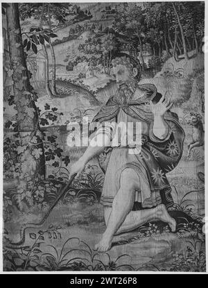 Appel de Moïse : buisson brûlant. Giulio Romano (Italien, 1492/99-1546) (auteur du dessin) [peintre] c. 1545 tapisserie dimensions : H 417 x l 495 cm tapisserie matériaux/techniques : inconnue culture : propriété flamande histoire : Autriche, Vienne, Vienne, Kunsthistorisches Museum, accno. I/1. Inscriptions : marque de tisserand non identifiée sur la garde droite, inscriptions supérieures : inscription dans le cartouche de bordure supérieure : APPARVIT DOMINVS MOYSI.. Dans le paysage, Moïse, agenouillé devant le buisson, comme miracle de la tige se changeant en serpent est effectué ; Dieu debout de l'autre côté de l'arbre (=buisson) ; dans le milieu R Moïse enlevant son s. Banque D'Images