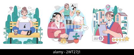 Ensemble d'idées de troisième place. Environnement social, séparé de la maison et du lieu de travail. Construction de la vie communautaire, interaction des personnes et zone de communication. Illustration vectorielle plate Illustration de Vecteur