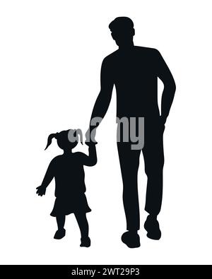 Père marchant avec un enfant main dans la main. Papa et fille silhouette. Thème de la fête des pères. Art vectoriel Illustration de Vecteur