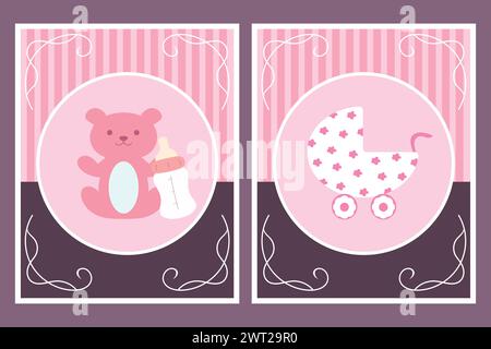 Cartes de modèle avec voiture d'enfant et ours en peluche pour fille. Pour douche de bébé ou carte de voeux. Illustration vectorielle Illustration de Vecteur