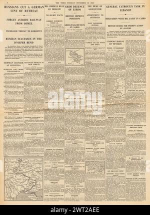 1943 le Times faisant état de la bataille de Leros, l'Armée rouge a coupé la retraite allemande et les troubles au Liban Banque D'Images