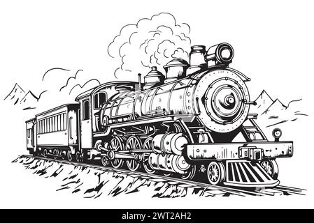 Locomotive à vapeur vintage, dessin à la main dans l'illustration de style Doodle Illustration de Vecteur