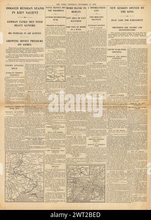 1943 le Times faisant état du bombardement de Berlin, l'Armée rouge retient les attaques allemandes sur Kiev, l'ouverture du Parlement et la bataille au large des îles Salomon Banque D'Images