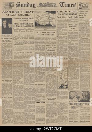 1943 Sunday Times page de couverture signalant que les Alliés avancent vers Rome, bataille pour Kiev et guerre U Boat Banque D'Images