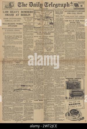 1944 Daily Telegraph en première page, faisant état d'une attaque des bombardiers alliés à Berlin, d'une attaque des mineurs au pays de Galles et d'une avancée de l'Armée rouge sur Proskurov Banque D'Images