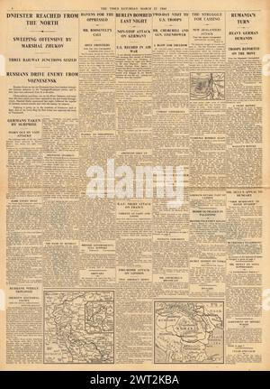 1944 le Times rapporte le bombardement allié de Berlin, l'Armée rouge capture Voznesensk et la bataille de Monte Cassino Banque D'Images