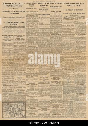 1944 le Times rapporte les raids de bombardement alliés sur Paris, la bataille de Kohima, l'Armée rouge avance sur Tarnopol et le Fonds monétaire international proposé Banque D'Images