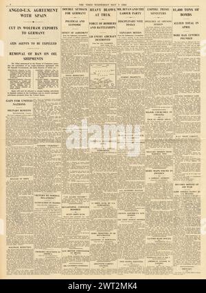 1944 le Times rapporte la conférence Empire, le bombardement allié de l'Europe, la marine américaine attaque Truk et Anglo US accord avec l'Espagne sur le commerce avec l'Allemagne Banque D'Images