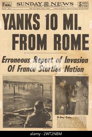 1944 Sunday News page d'accueil faisant état de l'avancée de l'armée américaine sur Rome Banque D'Images