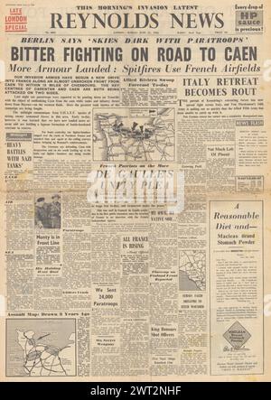 1944 Reynolds News première page retraçant la bataille de Caen et la bataille de Cherbourg et Carentan Banque D'Images