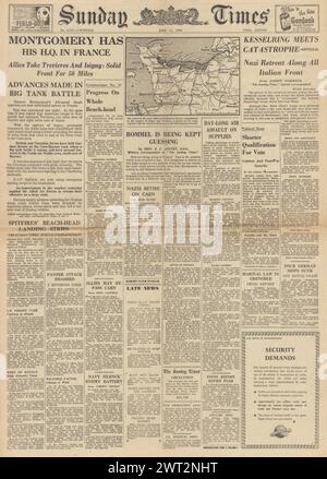 1944 Sunday Times en première page sur la bataille de Caen, la bataille de Cherbourg et Carentan et les forces allemandes en retraite en Italie Banque D'Images