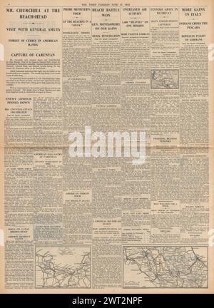 1944 le Times rapporte que Churchill visite la tête de pont de la Normandie, les Alliés capturent Carentan et l'Armée rouge combat avec l'armée finlandaise Banque D'Images