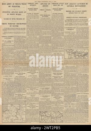 1944 le Times rapporte la route de l'Armée rouge en Pologne, la bataille pour Caen et la capture de Polotsk Banque D'Images