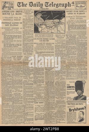 1944 Daily Telegraph page de couverture faisant état de la bataille de la Haye, de l'avance de l'Armée rouge sur la Prusse orientale, des pertes de l'Armée allemande sur le front oriental et des pertes de roquettes V1 Banque D'Images