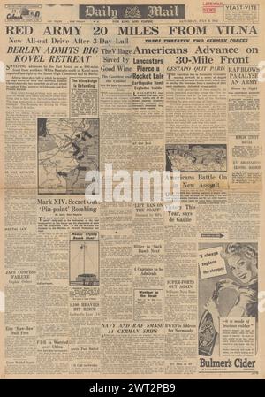 1944 Daily mail page de couverture faisant état de l'avance de l'Armée rouge sur Vilna, de l'avance de l'Armée américaine sur la péninsule de Cherbourg, de la retraite de l'Armée allemande du saillant de Kovel et de la Gestapo quittent Paris Banque D'Images