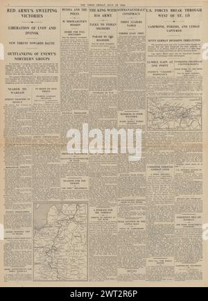 1944 le Times rapporte la bataille de Normandie et l'Armée rouge atteignent la Vistule et capturent diverses villes sur le front de l'est Banque D'Images