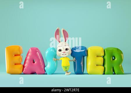 Lapin mignon restant près de ballons colorés de Pâques. Personnage de dessin animé 3D. Banque D'Images