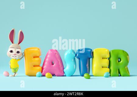 Lapin mignon restant près de ballons colorés de Pâques. Personnage de dessin animé 3D. Banque D'Images