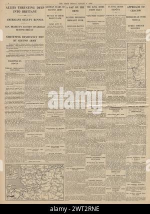 1944 le Times rapporte la bataille de Rennes et l'Armée rouge avancent sur Cracovie Banque D'Images