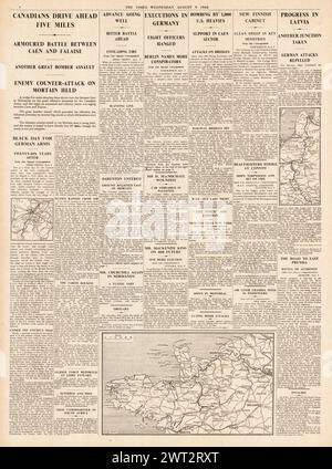 1944 le Times rapporte une avancée des blindés alliés depuis Caen, des conspirateurs de complot à la bombe du 20 juillet exécutés, des lignes allemandes de l'US Air Force bombardent en Normandie et une avancée de l'Armée rouge en Lettonie Banque D'Images