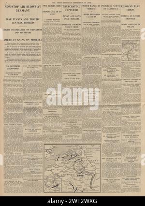 1944 le Times rapporte le bombardement allié de l'Allemagne, la capture de Neufchateau, les pourparlers de Churchill et Roosevelt au Québec et la capture de Lomza par l'Armée rouge Banque D'Images