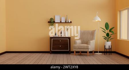 Rendu 3D salon de style minimal avec chaise, armoire brun en bois en bois, lampe sur plancher de bois mur jaune Banque D'Images