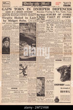 1944 Daily mail page de couverture signalant l'entrée de l'Armée rouge dans Gomel, des sous-marins midget attaquent le cuirassé allemand Tirpitz et les partisans capturent l'île de Cherso Banque D'Images