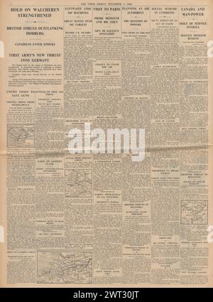 1944 le Times rapporte bataille pour l'île Walcheren, bataille pour Domburg, batailles aériennes au-dessus de l'Allemagne et l'Armée rouge avance sur Budapest Banque D'Images