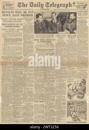 1944 la page d'accueil du Daily Telegraph fait état de troubles en Grèce Banque D'Images