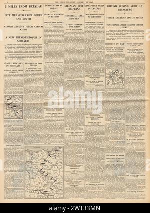 1945 le Times rapporte la bataille des Ardennes, l'avance de l'Armée rouge en Silésie et la seconde Armée britannique atteignent Heinsberg Banque D'Images