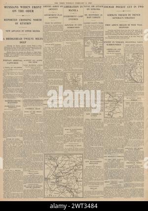 1945 le Times faisant état d'une avancée de l'Armée rouge sur Berlin, des avions britanniques bombardent des raffineries de pétrole à Sumatra et les forces américaines libèrent Manille Banque D'Images