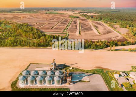 Grenier moderne, complexe de séchage de grain, silos de grains commerciaux ou de semences dans un paysage rural de printemps ensoleillé. Silos de maïs, terminal de grain intérieur, grain Banque D'Images