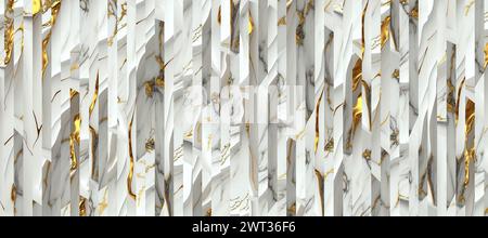 Fond abstrait en marbre d'or blanc de planches déplacées. Illustration 2D. Banque D'Images