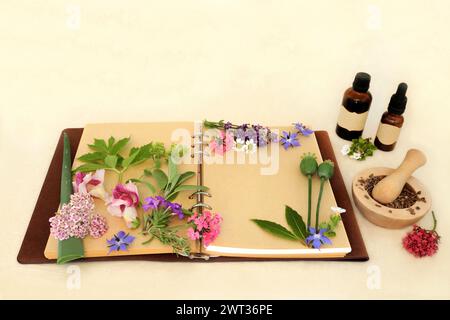 Préparation d'huile essentielle d'aromathérapie avec des fleurs, des herbes, des fleurs sauvages utilisées dans les remèdes naturels de phytothérapie avec des bouteilles de teinture, cahier de recettes Banque D'Images