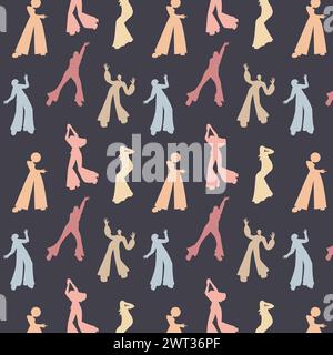 Modèle sans couture danse des années 70 silhouettes de différentes poses de danse illustration vectorielle isolée sur fond noir Illustration de Vecteur