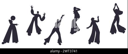 Silhouettes de personnes dans diverses poses de danse. Bordure sans couture noir et blanc. Danser dans le style des années 70 Illustration vectorielle. Isolé sur un whi Illustration de Vecteur