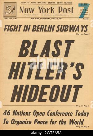 1945 New York Post page couverture de la bataille pour Berlin et la bombe des avions alliés Berchtesgaden Banque D'Images