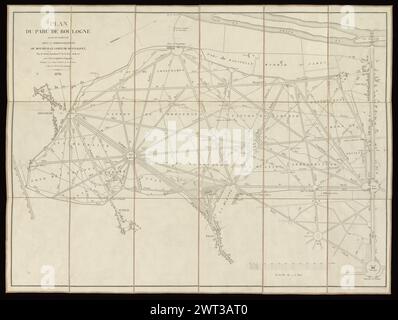 Plan du parc de Boulogne / levé et exécuté sous l'administration de Monsieur le comte de Montalivet, pair de France, intendant général de la liste civile, etc. par C. Poyard, ingénieur-géographe, employé au Dépôt général de la guerre, et dans les Forêts de la Couronne ; écrit par Arnoul, 1836. Poyard, C., actif 1836 ans, cartographe. 1836 orienté avec nord-ouest en haut. Échelle 1:8,00. Monté sur la pochette à l'intérieur de la pochette de Getty copie est gravé carte de commerce de Charles Simonneau, vendeur de carte. Plusieurs annotations au crayon sur Getty copy : pré Catelan, jardin d'acclimatation, Serres de Lemichez. Banque D'Images