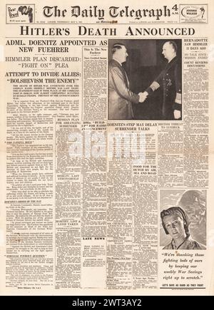 1945 la page d'accueil du Daily Telegraph qui rapporte la mort d'Adolf Hitler et Karl Doenitz devient le nouveau chancelier allemand Banque D'Images