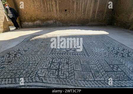 Une grande mosaïque sur le sol de la Maison du Gem, dans les fouilles archéologiques d'Herculanum, juste ouvert après la restauration. Banque D'Images