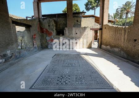 Une grande mosaïque sur le sol de la Maison du Gem, dans les fouilles archéologiques d'Herculanum, juste ouvert après la restauration. Banque D'Images