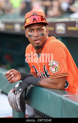 Bradenton, FL : Baltimore Orioles Outfielder (98) Thomas Sosa (98) dans la dugout lors d'un match d'entraînement de printemps de la MLB Pittsburgh Pirates le 14 mars 202 Banque D'Images