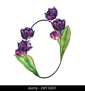 Cadre ovale avec tulipes violettes. Bouquet de printemps de fleurs violettes illustration d'aquarelle. Floral Clip Art pour invitation, carte de voeux et design Banque D'Images