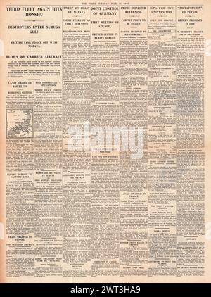 1945 le Times rapporte que des navires de guerre bombardent le Japon, British Clear Way to Singapour, joint control of Germany et procès du maréchal Petain Banque D'Images