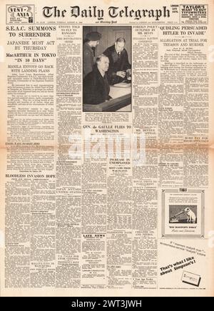 1945 le Daily Telegraph rapporte que les Alliés occuperont Tokyo, le procès de Vidkun Quisling et Lord Mountbatten demandent la reddition des forces japonaises en Birmanie Banque D'Images