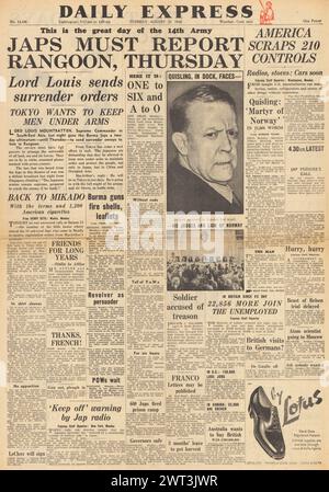 1945 Daily Express page de couverture procès de Vidkun Quisling, le Japon veut garder les hommes sous les armes et Lord Mountbatten demande la reddition des forces japonaises en Birmanie Banque D'Images