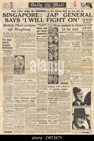 1945 Daily mail page de couverture faisant état de combats entre un général japonais à Singapour et de grands criminels de guerre nazis à être jugés à Nurnberg Banque D'Images