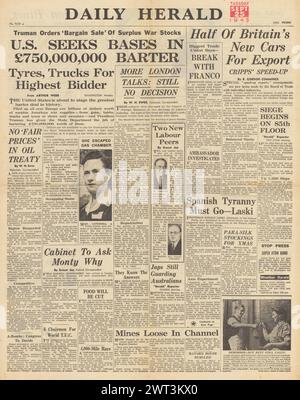 1945 Daily Herald page de couverture faisant état d'une augmentation des exportations et d'une négociation avec les États-Unis sur les stocks de guerre excédentaires Banque D'Images