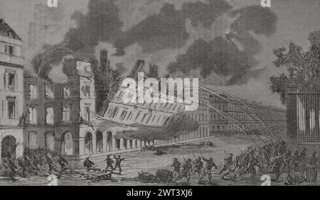 France. Commune de Paris. Mouvement populaire révolutionnaire qui prit le pouvoir à Paris du 18 mars au 28 mai 1871, pendant la guerre franco-prussienne. Rue de Rivoli (rue Rivoli) dans l'après-midi du 25 mai 1871. Effondrement du bâtiment du ministère des Finances. Gravure par Capuz. Historia de la Guerra de Francia y Prusia (histoire de la guerre entre la France et la Prusse). Volume II. Publié à Barcelone, 1871. Auteur : Tomás Carlos Capuz (1834-1899). Graveur espagnol. Banque D'Images